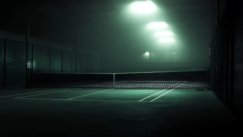 Empty indoor tennis court glows under cold green lights