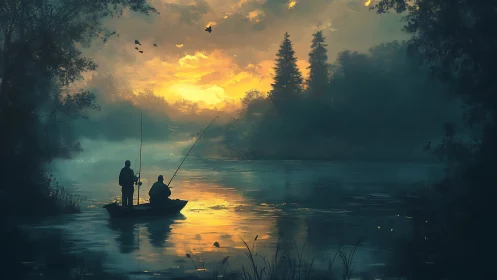 Twilight lake anglers cradled in misty ember-lit silence.