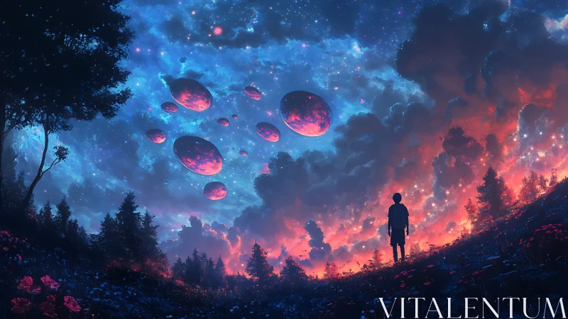 Silhouetted figure observes multi-moon sky over forested slope