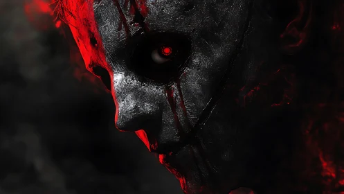 Molten-eyed phantom studies the void through cracked steel skin