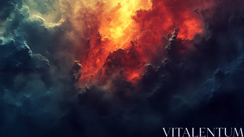 Contrasting red and blue volumetric clouds occupy the full frame