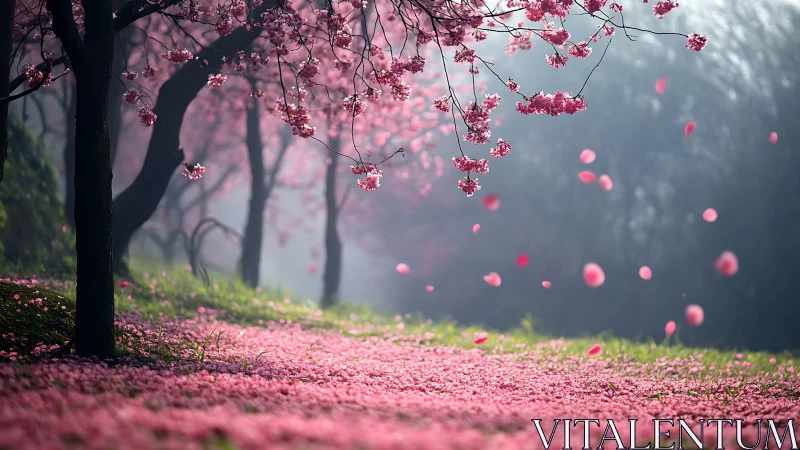 Misty cherry blossom grove with drifting pink petals path.