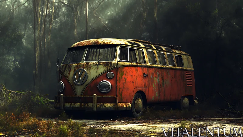 Rusting orange VW bus abandoned in misty forest grove.