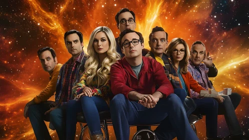 Ensemble of seated figures before vivid cosmic nebula backdrop.