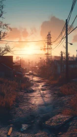 Sunlit wet road cuts through derelict suburb beneath power grid