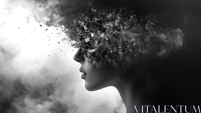 Surreal female profile dissolving into fragmented digital storm.
