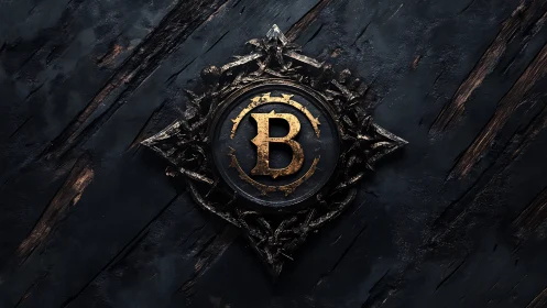 Gilded monogram emblem on dark distressed wooden panel.