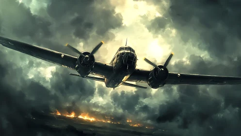 Storm-forged warplane diving through ember-lined thunderheads.