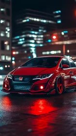 Red tuned Honda glows boldly against the nighttime city lights.