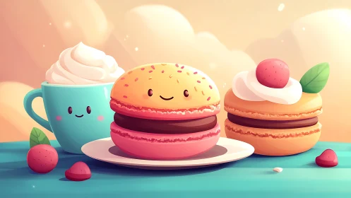 Cute pastel macarons and cocoa cup in sunny dessert scene.