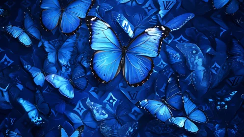 Blue butterfly cluster over patterned luxury monogram field.