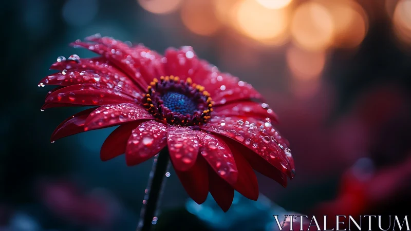 Red gerbera daisy covered with water droplets in soft focus light.