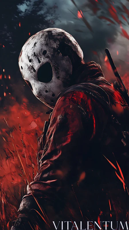 Masked slasher figure in blood-red field under storm sky.