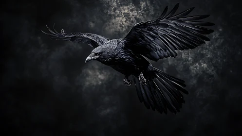 Black raven captured mid flight against dark cloudy backdrop