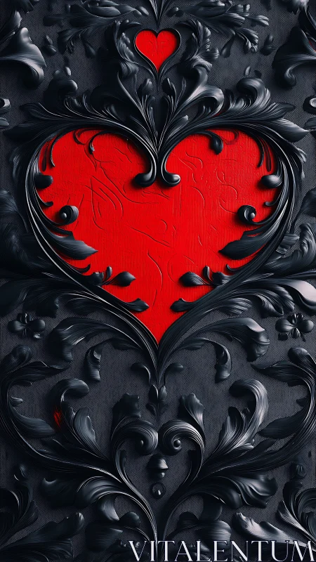 Ornamental heart form rendered in contrasting red and charcoal textured relief surfaces