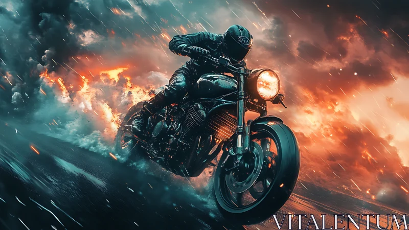Motorcyclist charges through storm and fire in cinematic rush
