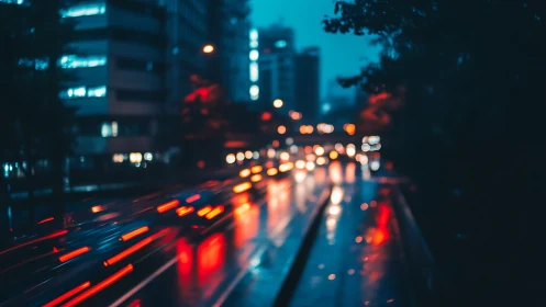 Long exposure urban traffic streaks on wet city avenue at dusk