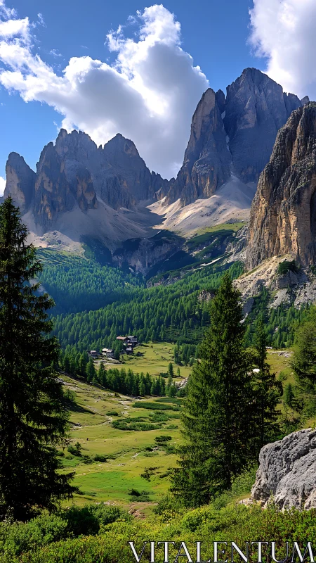 Emerald valley cradles spires of sunlit alpine stone