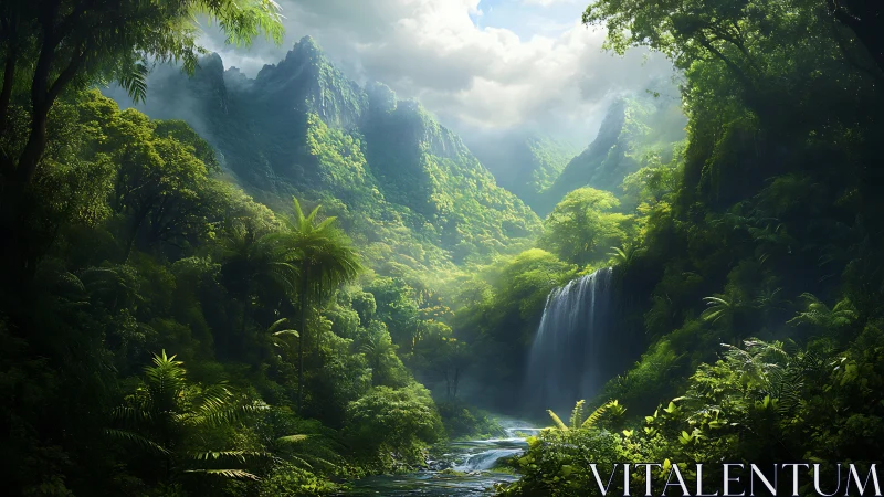 Verdant Valley Cascades Through Misty Mountain Gorge