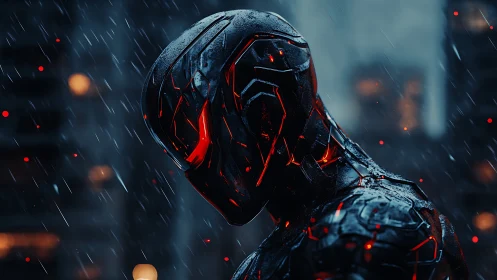 Rain-soaked cybernetic sentinel with ember-lit exoshell profile.