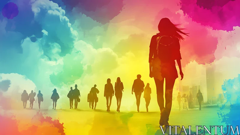 Silhouetted People Walking in Vibrant Watercolor Urban Scene.
