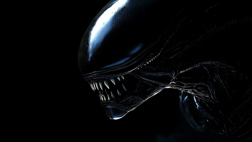 Gleaming xenomorph profile in stark cinematic darkness.