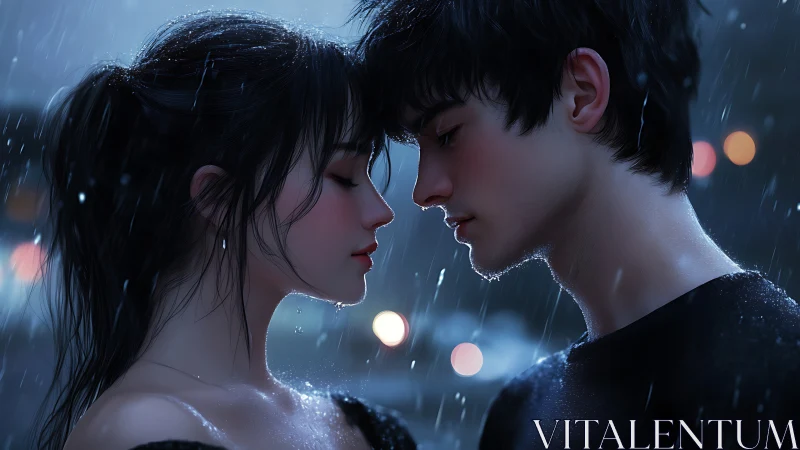 Two figures in rain with bokeh lighting backdrop and wet surfaces