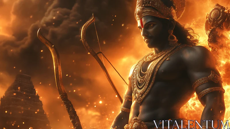 Firelit celestial warrior with golden bow in storming dusk.