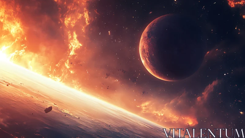 Inferno horizon ignites beneath a shadowed alien world.