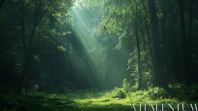 Sunlight Penetrates Dense Forest Canopy in Misty Woodland
