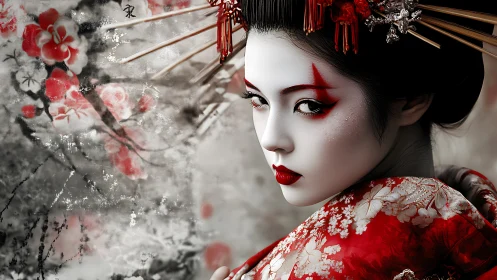 Geisha portrait shows red kimono, white makeup, floral backdrop