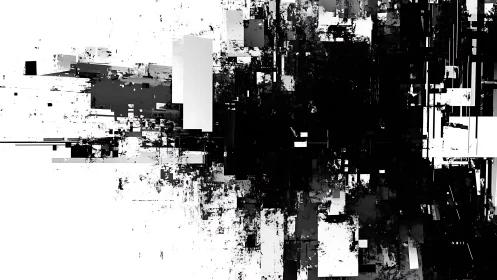 Abstract black and white digital glitch art with geometric shapes.