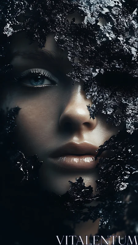 Mystical face emerges gently from glistening dark fragments