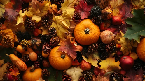 Cozy autumn harvest of pumpkins, leaves, cones, and color.