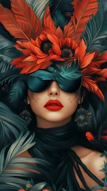 Portrait of woman in sunglasses with red floral headpiece.