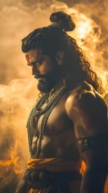 Warrior monk stands in molten golden mythic light.