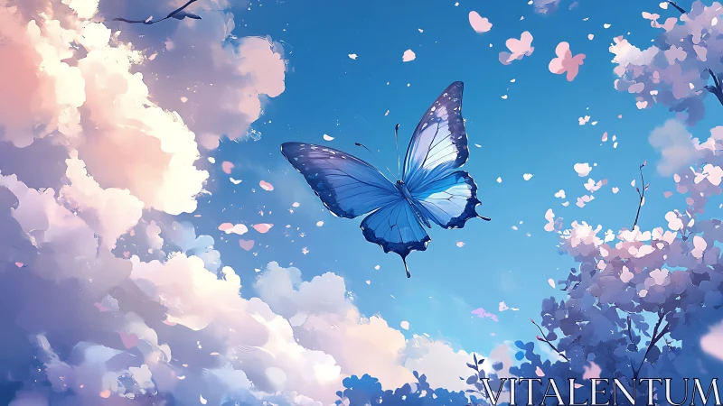 Digital painting of blue butterfly amid luminous spring clouds.