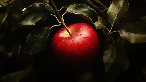 Ripe red apple glowing softly among deep green leaves.