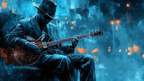 Guitarist in blue urban abstract setting with electric guitar.