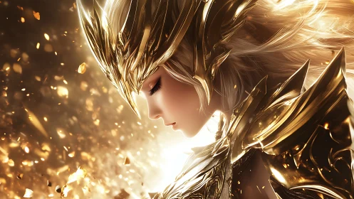 Golden armored valkyrie rendered in high-detail digital painting
