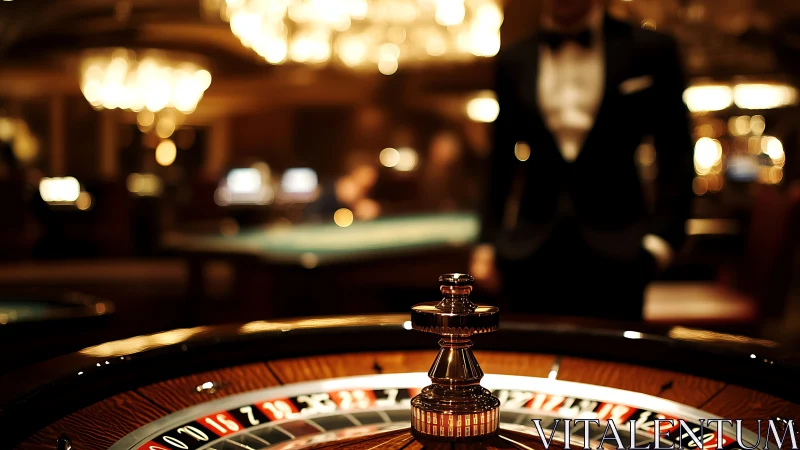 Roulette wheel glows under warm casino chandelier light.