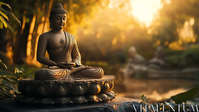 Serene Buddha statue glows in golden garden sunset light