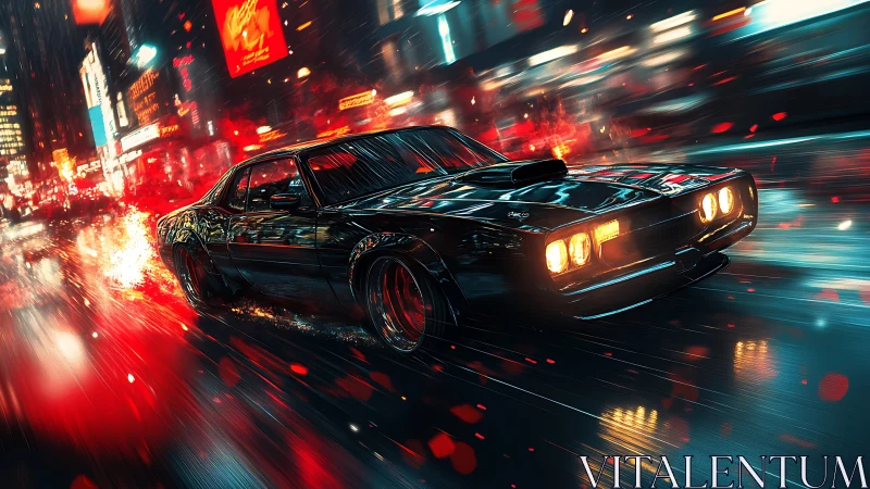 Muscle car storms through neon city streets at night.