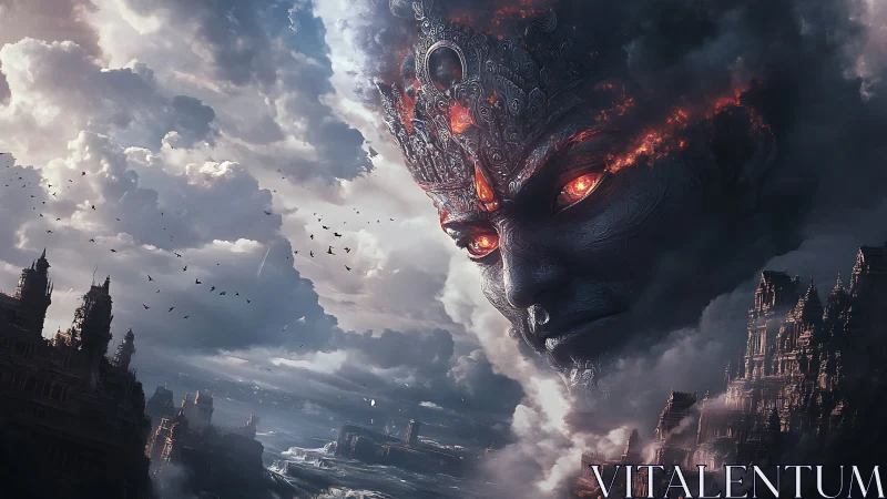 Colossal carved head in storm clouds over coastal cityscape.