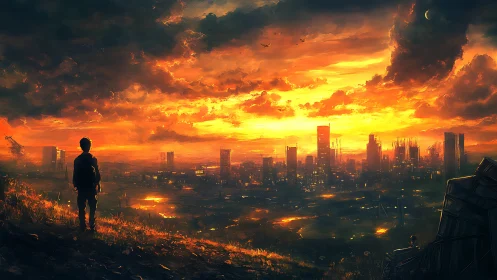 Lone wanderer studies a burning skyline at dusk horizon.