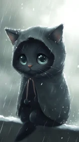 Black hooded cat sits in rainfall on snow-covered ledge