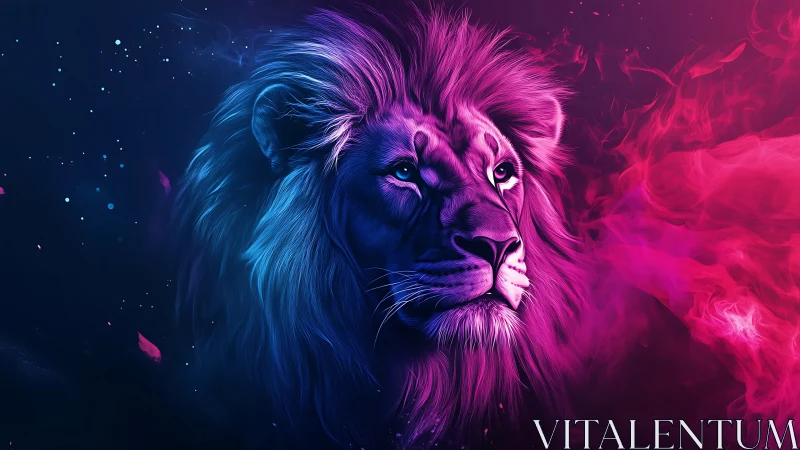 Neon mane monarch gazes through cosmic smoke and starlight.