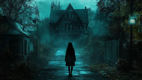 Solitary figure approaches eerie house on misty lane at night.