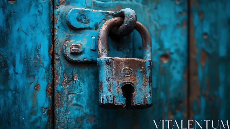 Corroded steel padlock hangs on distressed turquoise metal door