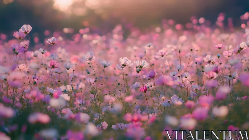Pink cosmos flower field at golden hour sunset.